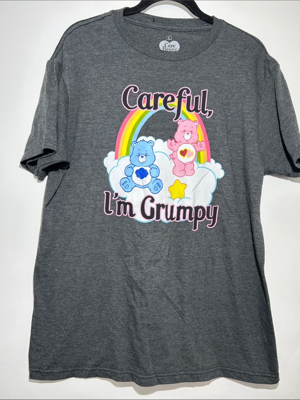 Care Bears Grumpy Bear Love a lot Bear Gray Tee with Rainbow & Blue/Pink Bears